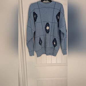 Vintage Claiborne 100% Cotton Sweater • Blue Geometric Knit • Size XL • Oversize